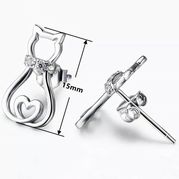 Cat Shaped Party Jewelry Creative Cubic Zirconia 925 Silver Women Stud Earrings - Picture 2 of 4